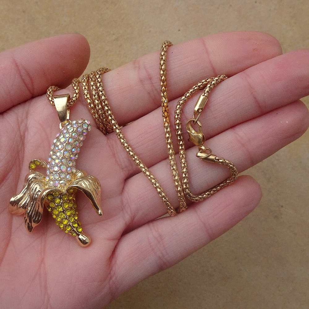 Iridescent Yellow Jewel Tropical Banana Long Summer Statement Necklace - Picture 3 of 8